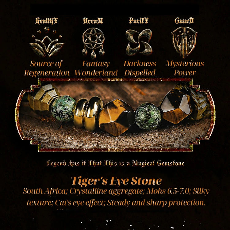 Kalyana Aura Vintage Tiger's Eye African Turquoise Brass 316L Titanium Steel Bracelet Men