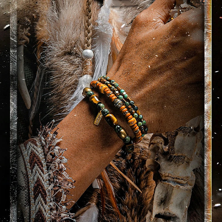 Kalyana Aura Vintage Tiger's Eye Malachite s925 Silver Brass 316L Titanium Steel Bracelet Men