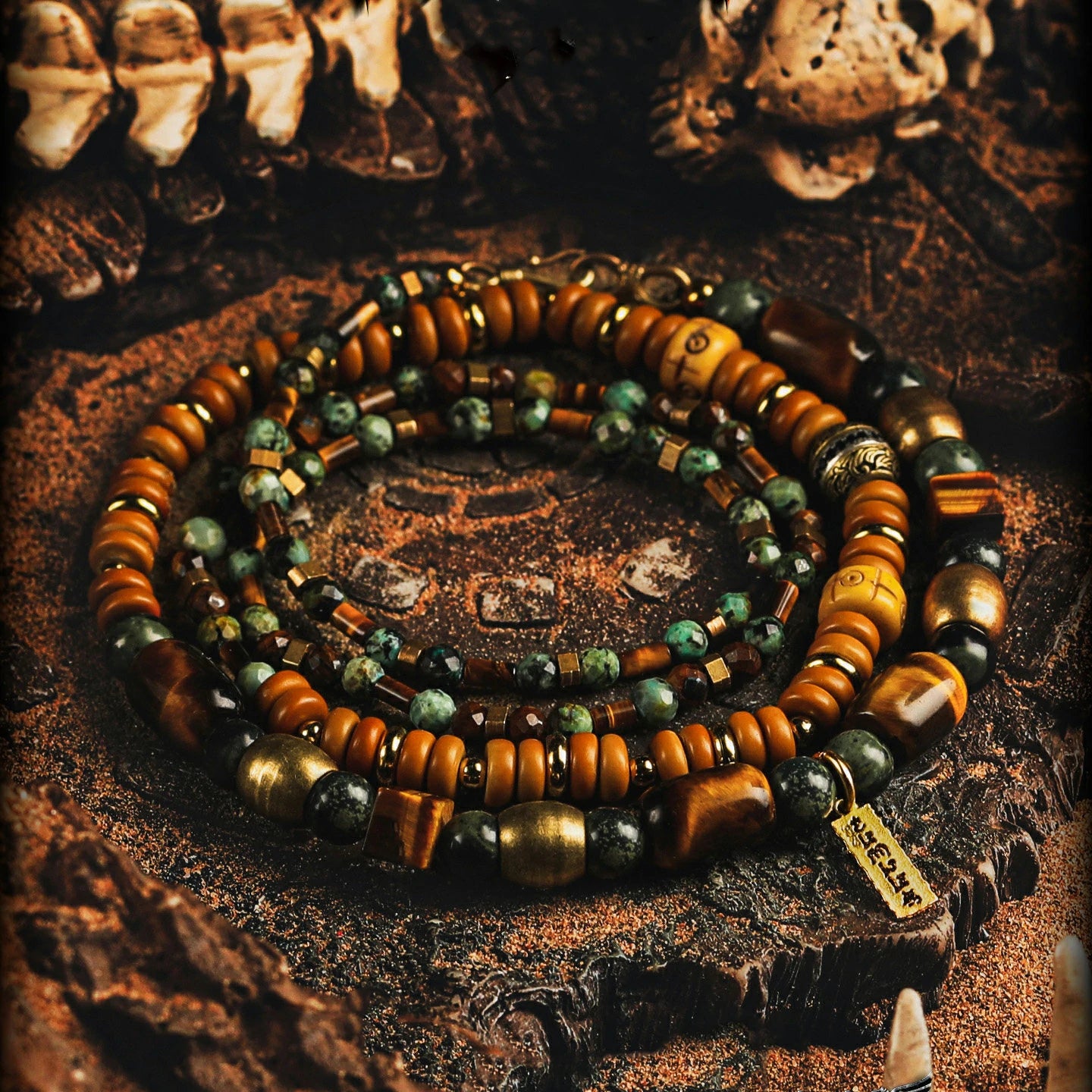 Kalyana Aura Vintage Tiger's Eye Malachite s925 Silver Brass 316L Titanium Steel Bracelet Men