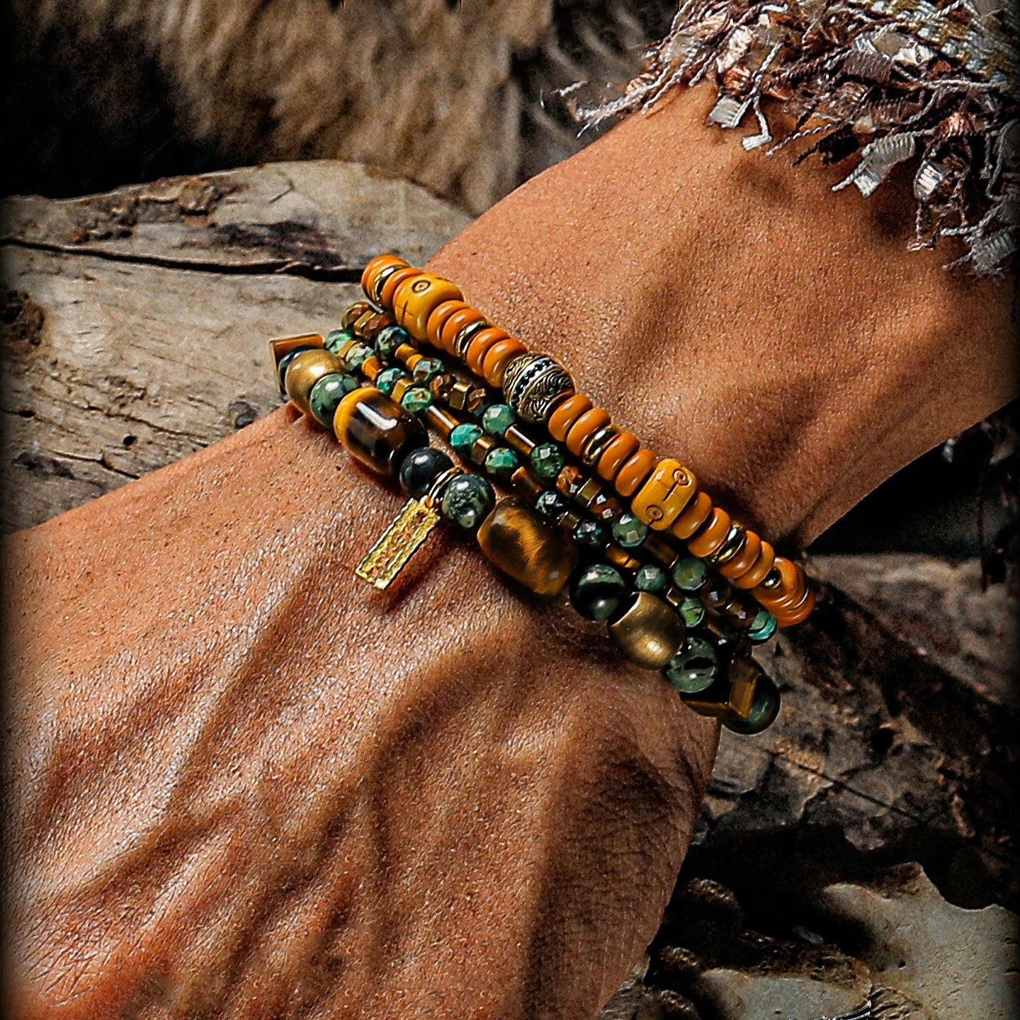 Kalyana Aura Vintage Tiger's Eye Malachite s925 Silver Brass 316L Titanium Steel Bracelet Men