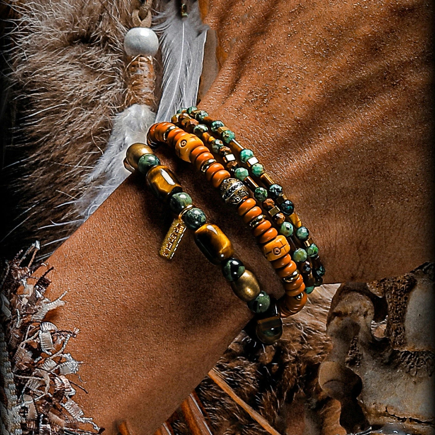 Kalyana Aura Vintage Tiger's Eye Malachite s925 Silver Brass 316L Titanium Steel Bracelet Men