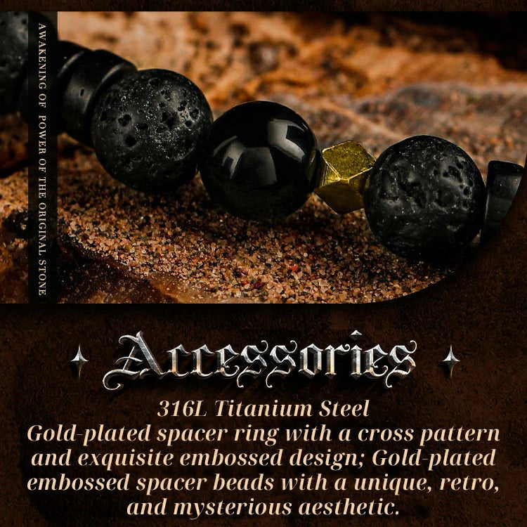 Kalyana Aura Vintage Volcanic rock Black obsidian 316L Titanium Steel Bracelet Men