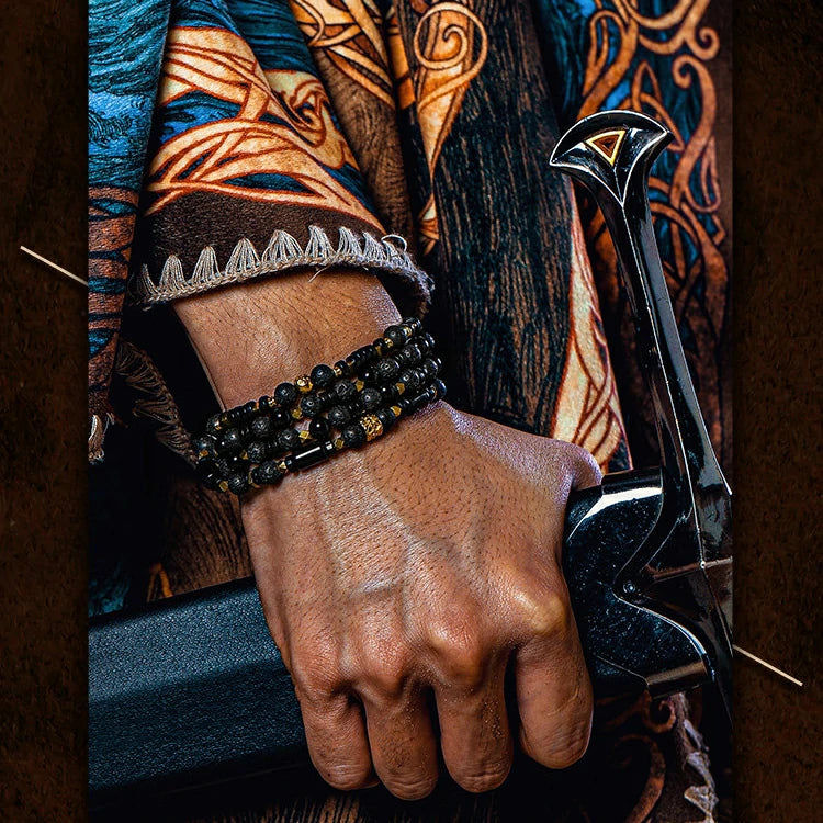 Kalyana Aura Vintage Volcanic rock Black obsidian 316L Titanium Steel Bracelet Men