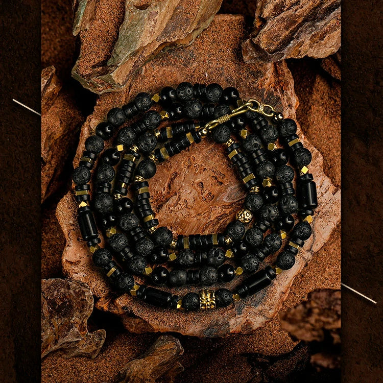 Kalyana Aura Vintage Volcanic rock Black obsidian 316L Titanium Steel Bracelet Men
