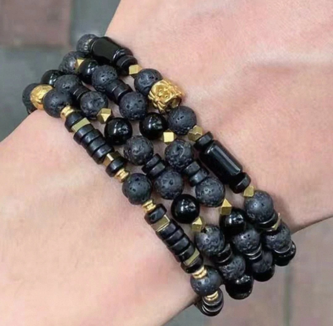 Kalyana Aura Vintage Volcanic rock Black obsidian 316L Titanium Steel Bracelet Men
