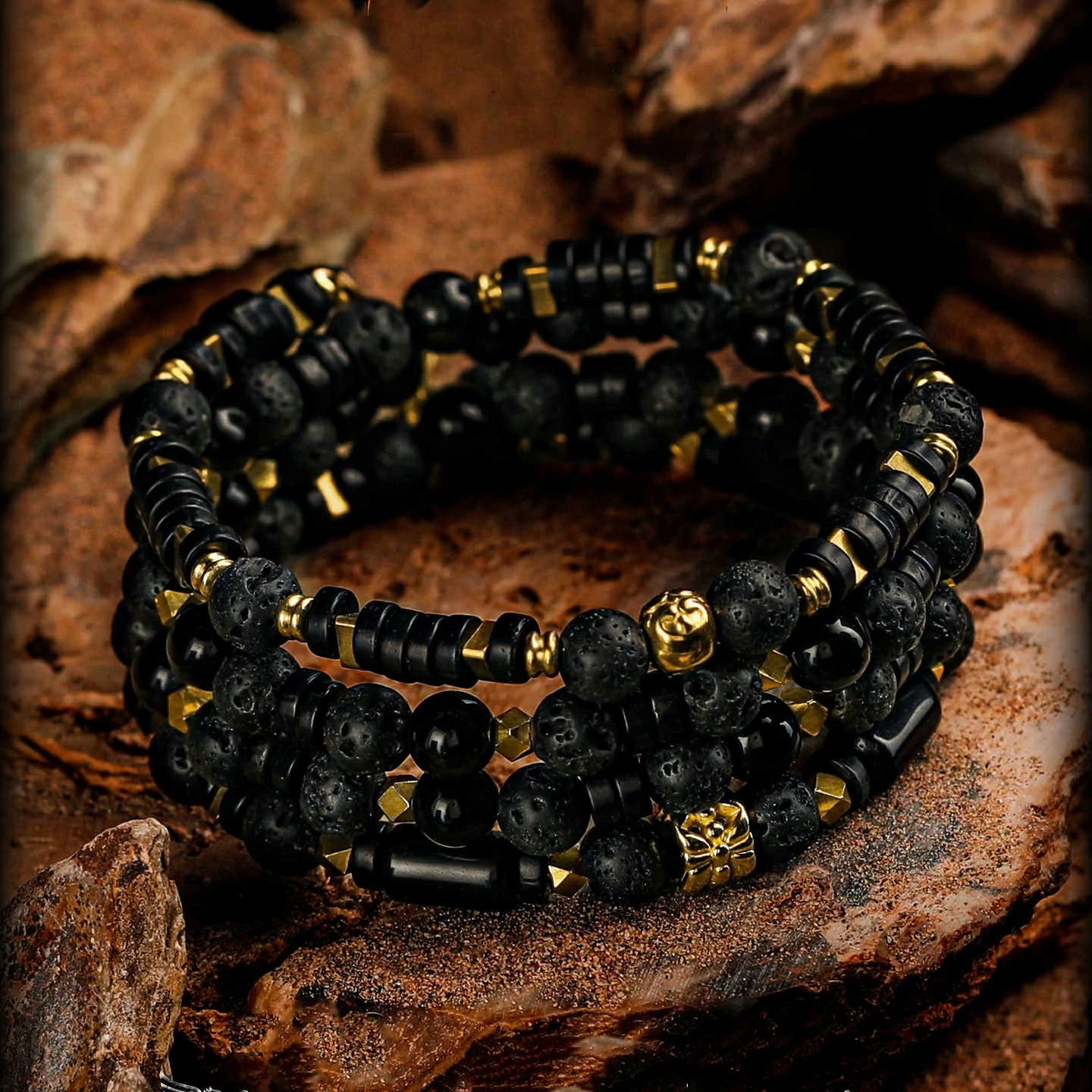 Kalyana Aura Vintage Volcanic rock Black obsidian 316L Titanium Steel Bracelet Men