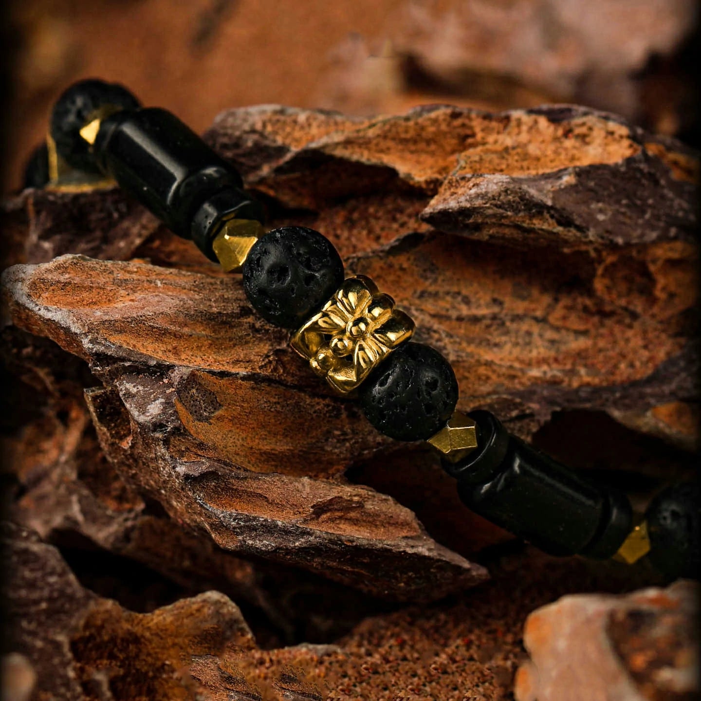 Kalyana Aura Vintage Volcanic rock Black obsidian 316L Titanium Steel Bracelet Men