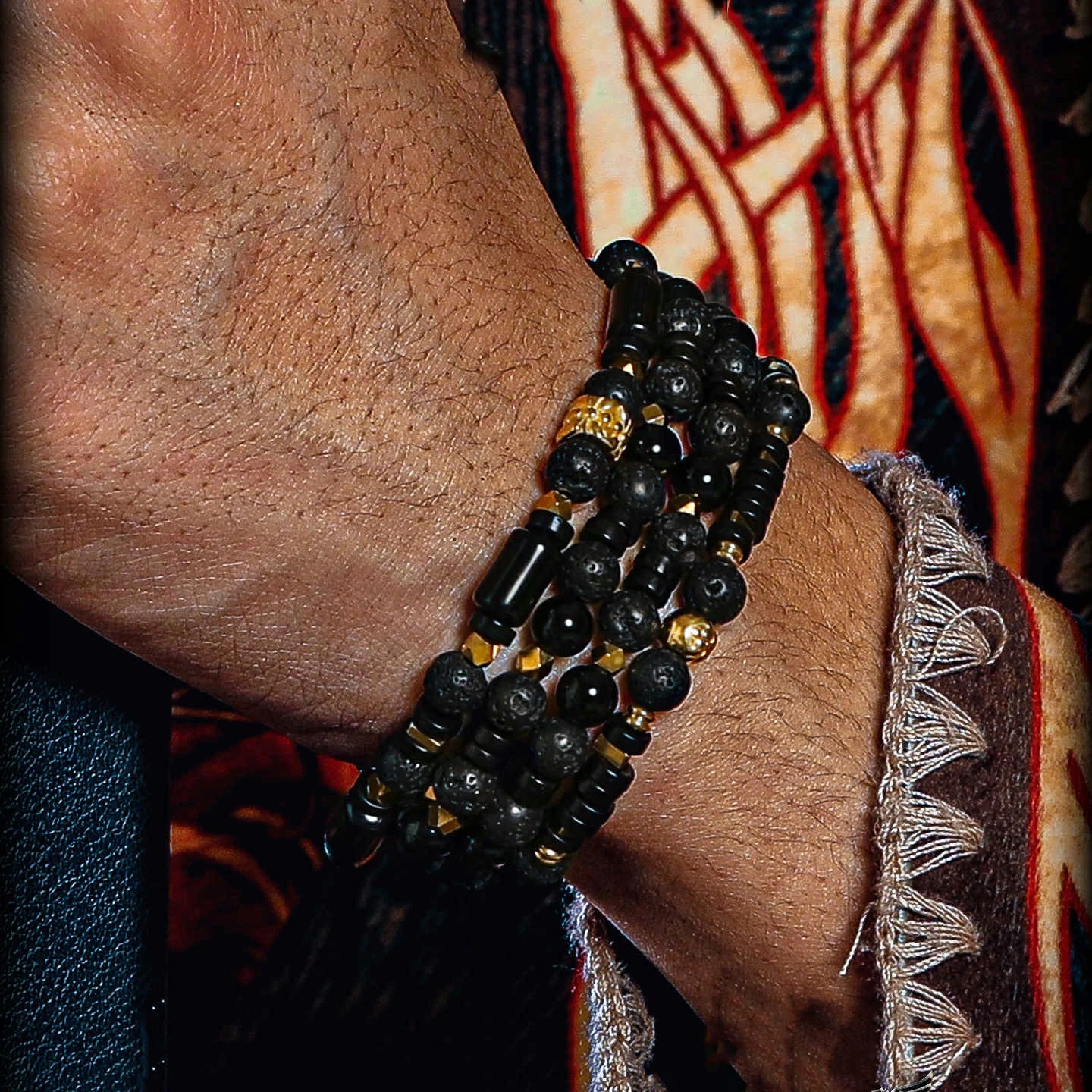 Kalyana Aura Vintage Volcanic rock Black obsidian 316L Titanium Steel Bracelet Men