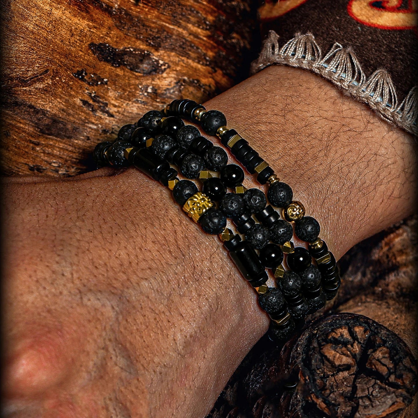 Kalyana Aura Vintage Volcanic rock Black obsidian 316L Titanium Steel Bracelet Men