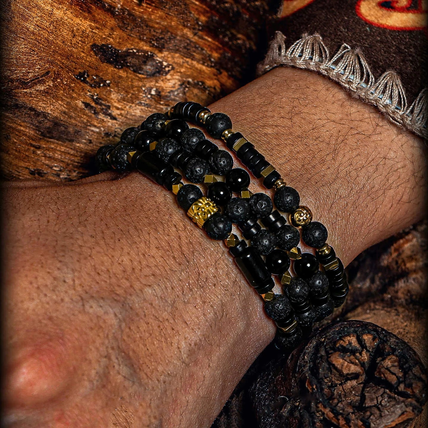 Kalyana Aura Vintage Volcanic rock Black obsidian 316L Titanium Steel Bracelet Men