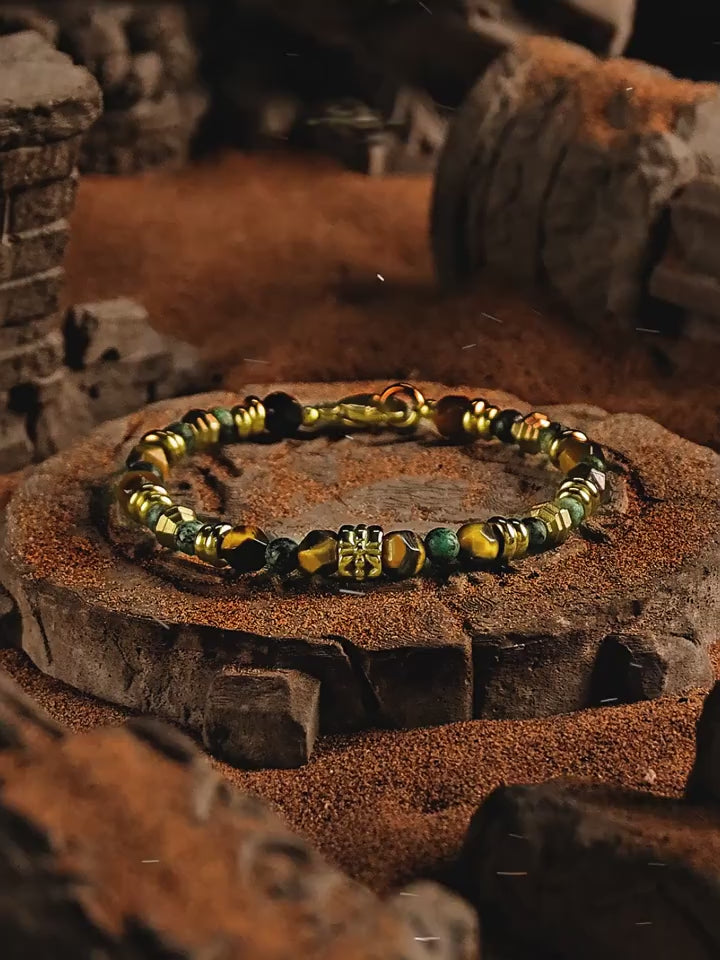 Kalyana Aura Vintage Tiger's Eye African Turquoise Brass 316L Titanium Steel Bracelet Men
