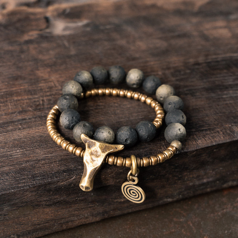 Kalyana Aura Golden Obsidian Bull Head Pendant Bracelet
